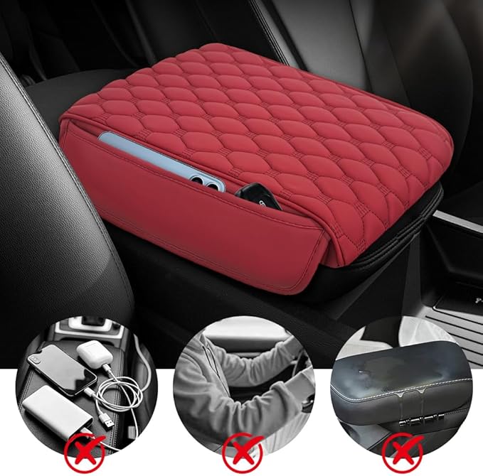 Upgraded Car Center Console Cover, Armrest Cover for Car, Waterproof Leather Auto Armrest Cover Protector with 2 Pocket, Comfortable Arm Rest Box Cushion Pad for Vehicles, Trucks (Wine Red)
