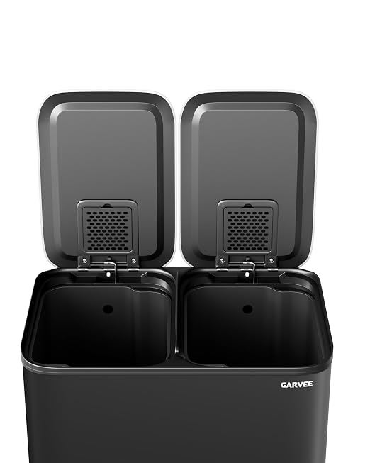 GarveeHome 2 x 4 gal Stainless Steel Double Trash Can with Lid for Kitchen, Large Dual Trash and Recycle Bin Combo, Step-on Kitchen Metal Garbage Cans, PP Inner Buckets, Liner Rim, Black