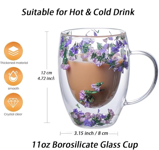 Double Glass Flower Tea Cup, Aesthetic Preserved Flower Cup, Cute Insulated Tea Cup with Handle, Heat Resistant & Lead-free Coffee Mugs, Gifts for Birthday Mother's Day, Perfect for Women Wife Mom (C)
