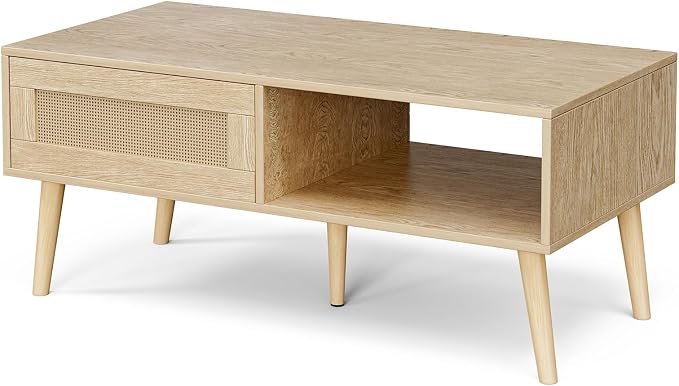 ZttRiee Wood Coffee Table with Storage, Boho Dining Table with Sliding Rattan Door Panel and Solid Wood Legs, Small Coffee Tables for Living Room, Oak (Oak_LSJ008)