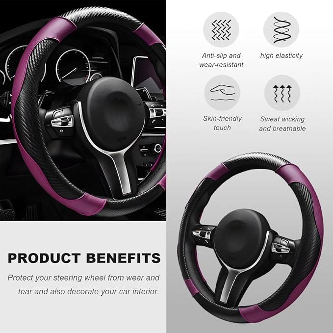 Car Steering Wheel Cover, 15 Inch Carbon Fiber Elastic Vehicle Steering Wheel Protector, Breathable Leather Auto Wheel Covers for Women Men, Interior Car Accessories (Black & Purple)