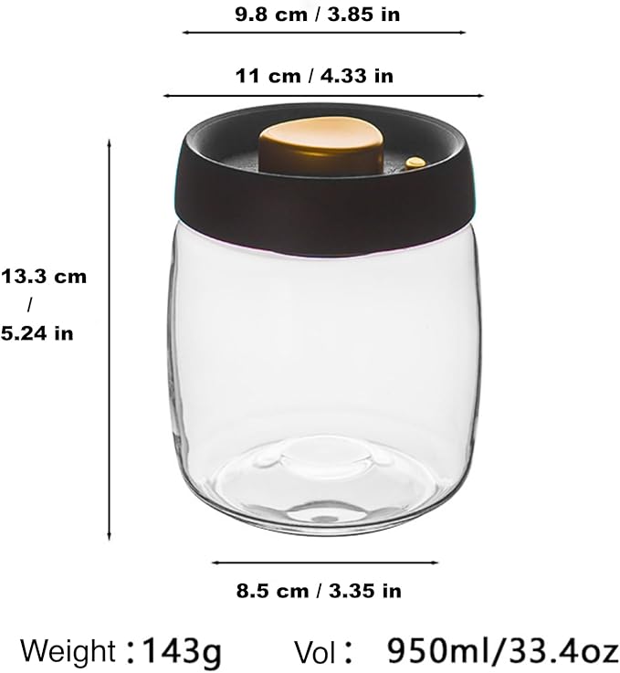Airtight Coffee Canister,Glass Vacuum Storage Jar 950ml/33.4oz with Airtight Seal ，Coffee Bean Storage Jar Kitchen Storage Container for Coffee, Food Container Transparent Grain Cereals Tank