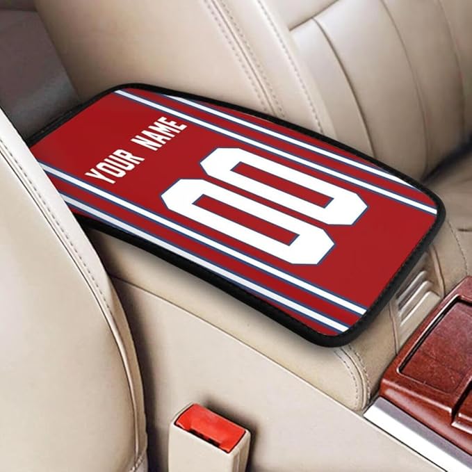 Custom Car Armrest Cover,Add Personalized Name and Number As Gifts for Loyal Football Fans,American Football Auto Center Console Pad Car handrail Box Cushion,Fit for Most Car Seat Box Cover Protector