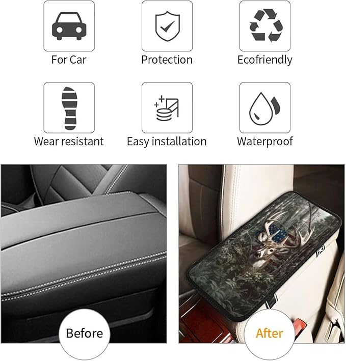 Car Center Console Cushion Pad American Flag Elk Universal Armrest Seat Box Cover Protector Jungle Vintage Animal Comfortable Car Decor Accessories Fit for Most Cars, Vehicles, SUVs