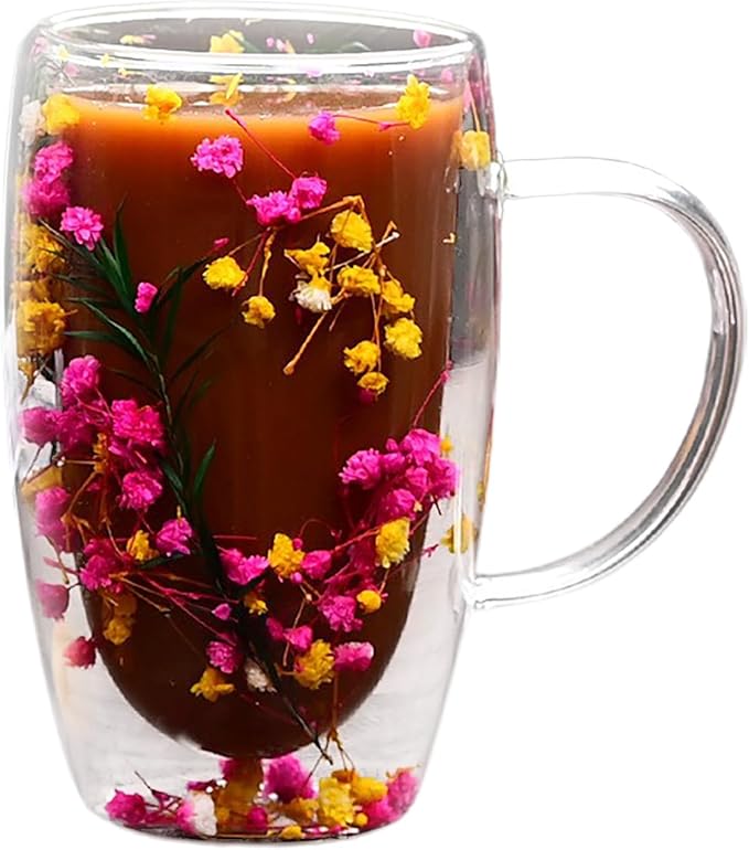 Creative Flowers Double Wall Clear Glass Coffee Mug with Handle, Aesthetic Dried Flowers Coffee Mug, Clear Double Insulated Glass Cup for Hot and Cold Beverages, Cappuccino, (D)