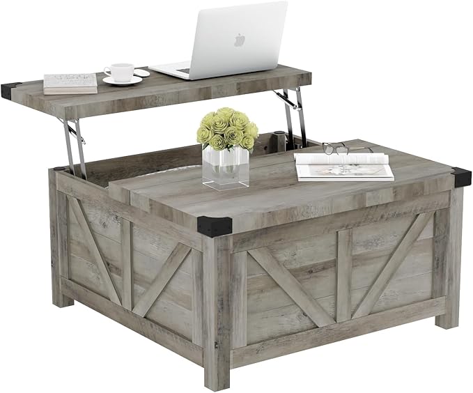 Farmhouse Lift Top Coffee Table with Storage, Wood Square Center Table with Charging Station&USB Port, Living Room Table w/Large Hidden Space, for Living Room, Bedroom, Home Office, Grey
