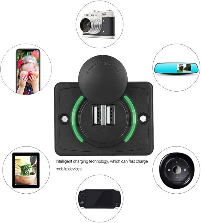 Car Dual USB Port Socket, 3.1A DC12V/24V Portable Mini Power Charger Socket with LED Indicator for High End Large Scale Vehicles Such as Ships, Yachts, RVs, Buses(Green)