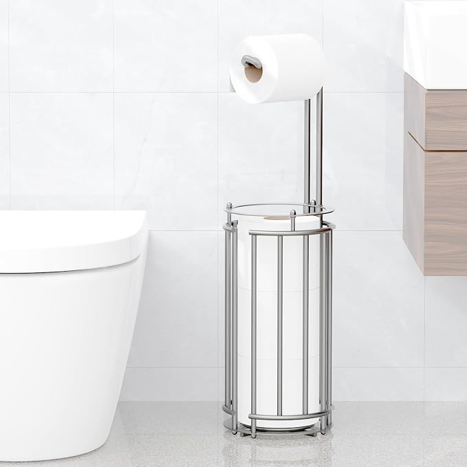 Meangood Toilet Paper Holder Stand and Tissue Paper Roll Dispenser for 4 Mega Rolls, Bathroom Free Standing Tissue Roll Storage Holder Rack, Detachable (Matte Silver)
