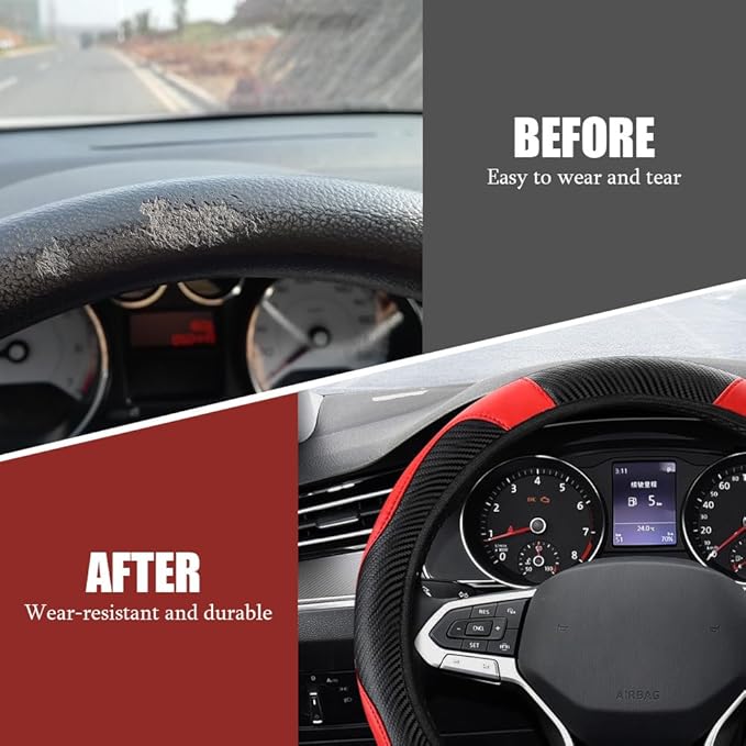 Car Steering Wheel Cover, Steering Wheel Protector, Universal 14.5-15 Inch Microfiber Leather Breathable Auto Steering Wheel Covers, Carbon Fiber Steering Wheel Cover for Women Men (Red)