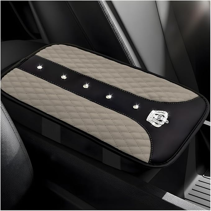 Bling Crown Car Center Console Mats, Anti-Slip and Waterproof Crystal Car Armrest Pad Protector, Universal Rustproof Armrest Decor Cushion for Cars & SUVs, Car Accessories (Gray)
