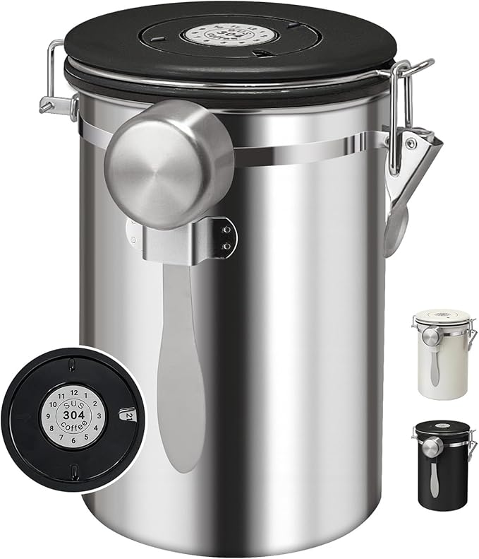 1.8L Airtight Vacuum Coffee Canister, Stainless Steel Storage Container for Coffee Beans and Grounds with Scoop.Suitable for coffee powder, coffee beans, rice, tea leaves, sugar, flour, and grains