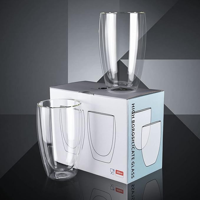Set of 2 Double Wall Glass Coffee Mugs (15oz) - Insulated Clear Borosilicate Glass Cups for Latte, Cappuccino, Tea, and Espresso - Heat Resistant Glassware Gift for Christmas & Birthday