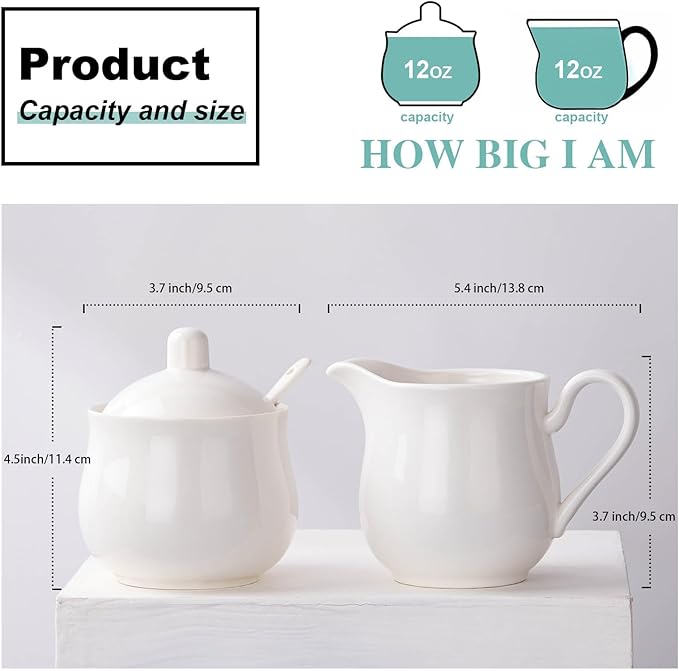 12 OZ Ceramic Sugar and Creamer Set, Coffee Serving Set, 3 Piece Cream Pitcher Sugar Bowl with Lid and Spoon (White)
