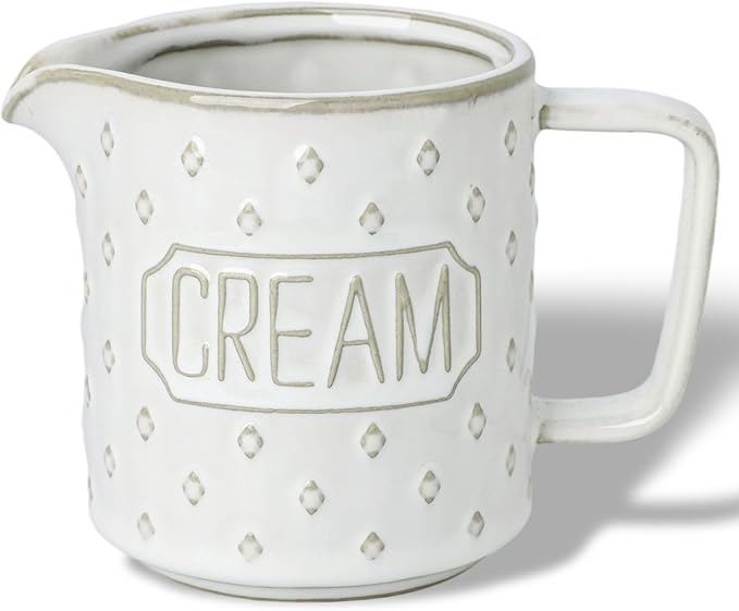 9 OZ Creamer Pitcher, Ceramic Creamer with Handle, Small Milk Pitcher Cup for Coffee, Sauces, Salad, Microwave & Dishwasher Safe (Vintage White)