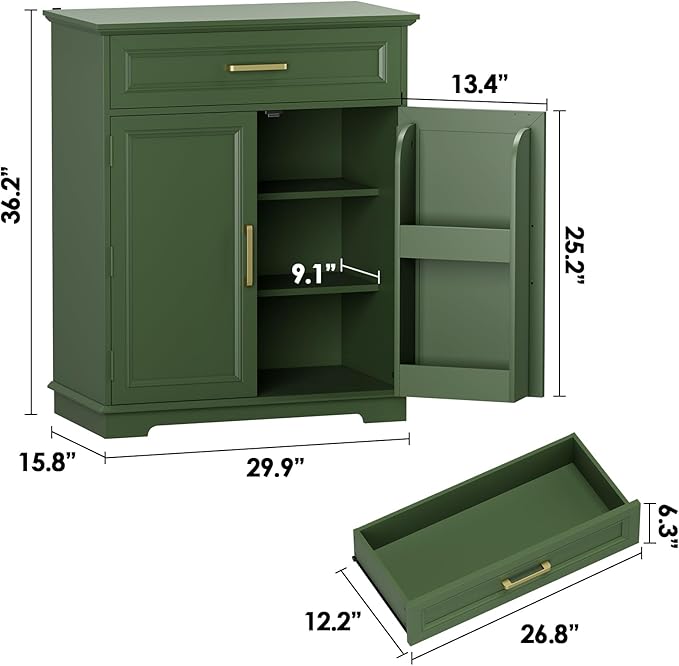 Kitchen Storage, Modern Floor-Standing Sideboard, Freestanding Cabinet Suitable for Living Room or Hallway, Green
