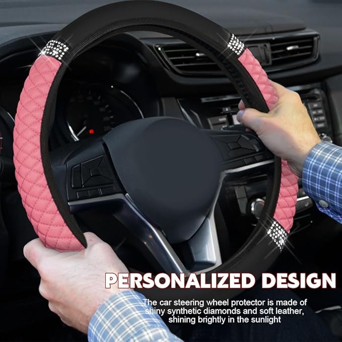 Car Steering Wheel Cover, Steering Wheel Accessories, Breathable Microfiber Leather Auto Wheels Protector, Universal 15 Inch Anti-Slip Protector for SUV Sedan Truck (Bling-Pink)