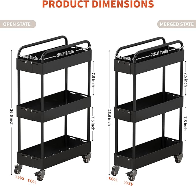 HOTEAGLE 3-Tier Rolling Cart Metal Expandable Utility Carts with Wheels, Ideal Storage Organizer for Livingroom, Bedroom, Kitchen and Bathroom, Black