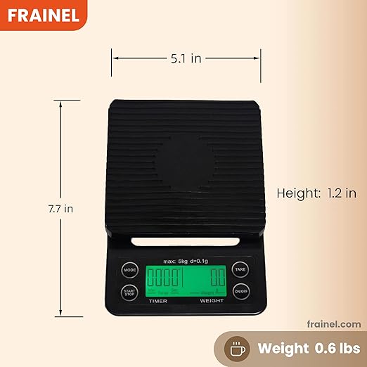 Coffee & Kitchen Digital Scale for Pour Over, Drip, Espresso, Salad Preparation, Pizza, Seasonal & Thanksgiving Cooking. Built-in Timer, Unit Switch, Green LCD, Max 5kg Weight, 0.1g Accuracy