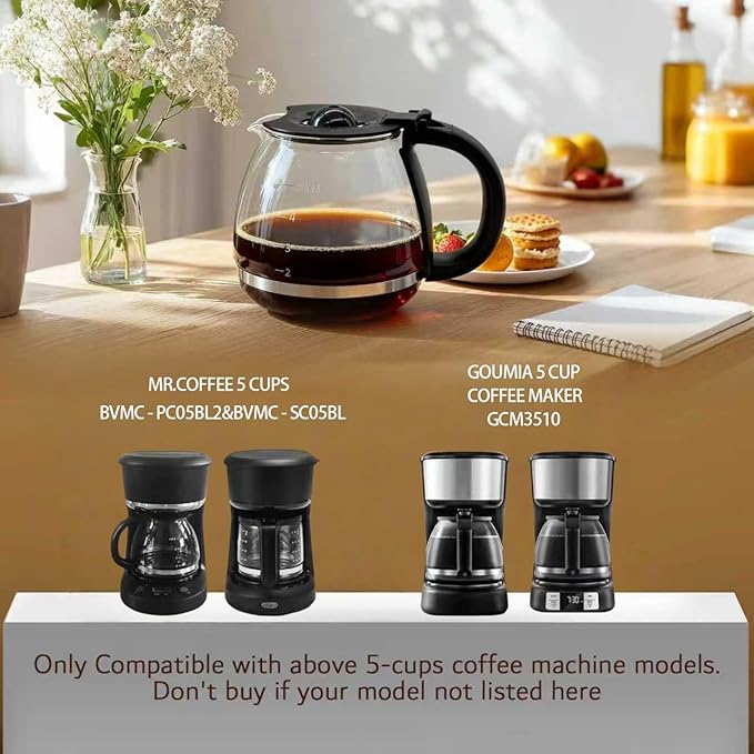 5 Cup Replacement Coffee Carafe, Fits Mr Coffee 5-cups Coffee Machines Model BVMC-PC05BL2, BVMC-SC05BL, Compatible with Gourmia GCM3510 5cups Coffee Maker, Black handle