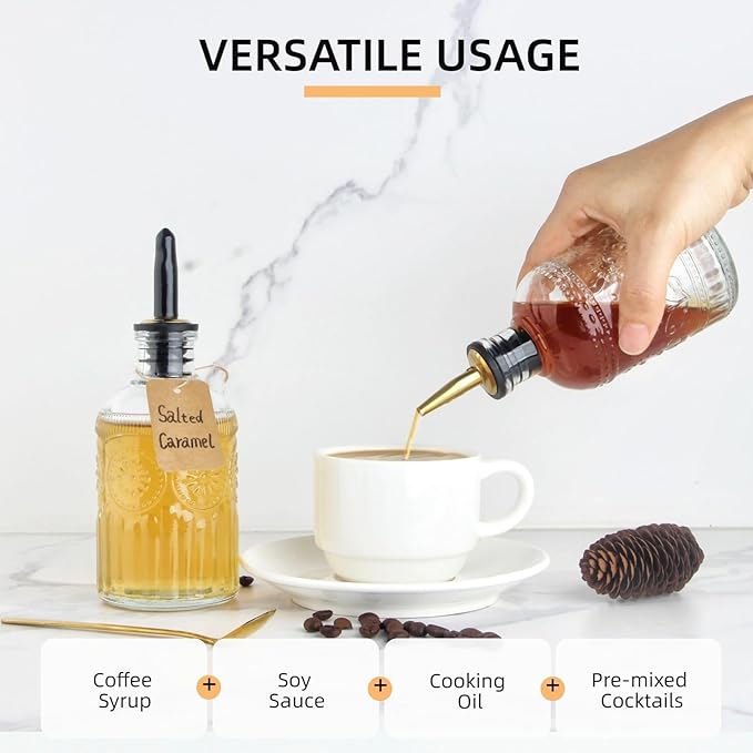 Simple Syrup Bottles Set of 2, Glass Coffee Syrup Dispenser Bottles 7 OZ With Metal Pour Spout, Labels and Stopper, Glass Syrup Dispenser for Maple Honey Syrup Oil and Sauces, LC002