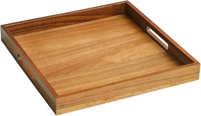 13 inch Acacia Wood Square Serving Tray, Decorative Platter with Handles, for Breakfast in Bed, Coffee Table, Appetizers, Snacks or Home Decor