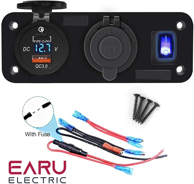 QC3.0 PD Dual USB Fast Charger Socket Multi Port Panel Cigarette Lighter Splitter with Voltmeter Switch for Car Motorcycle Boat(Red Light)