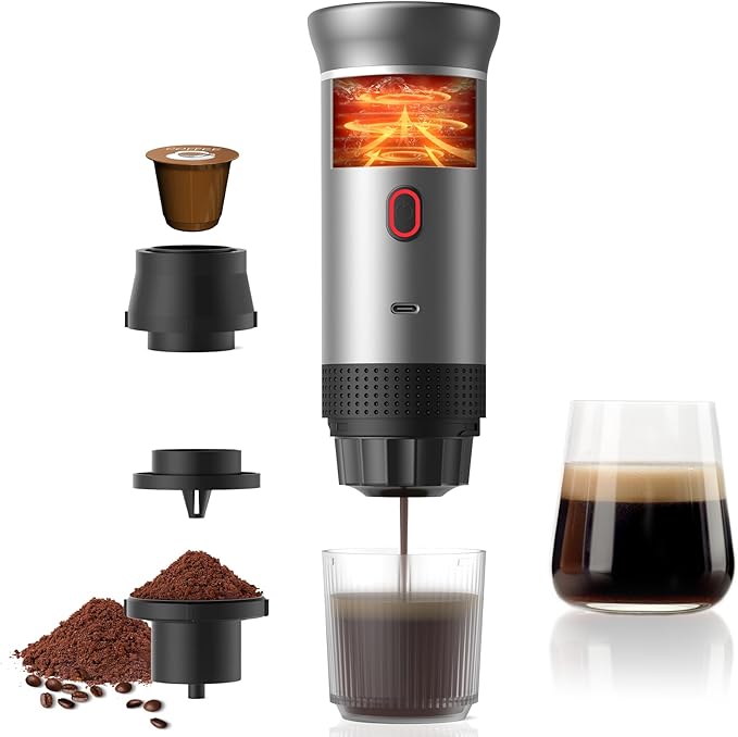 Portable Espresso Machine for Travel, Travel Coffee Maker 20-Bar Extraction, Coffee Maker Self-Heating with USB-C, Compatible with Ground Coffee & NS Capsule for Hiking and Camping (Red)