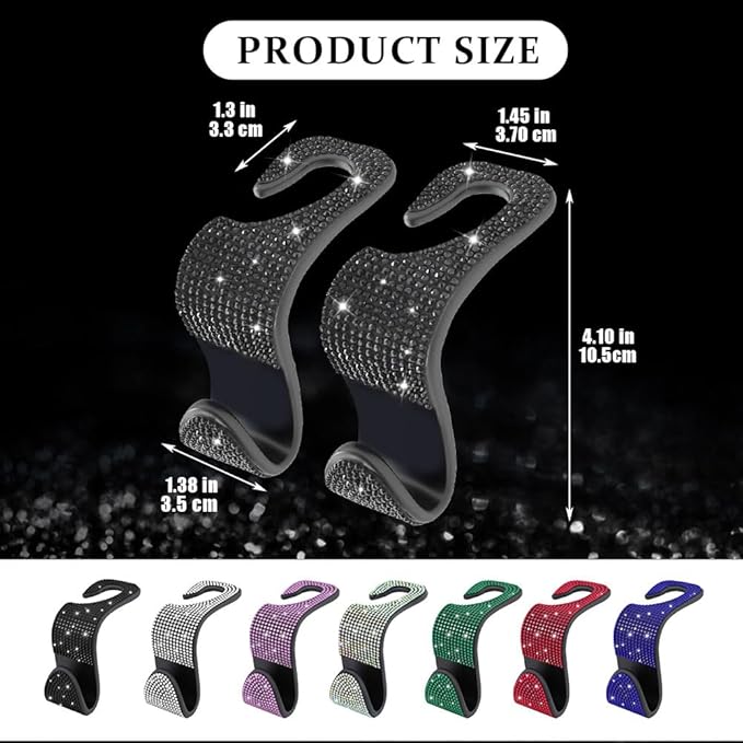 2PCS Car Seat Hooks, Purse Hook for Car, Crystal Rhinestone Vehicle Backseat Purse Holder, Auto Accessories Diamond Auto Seatback Storage Organizer Hanger for Handbag Clothes Purse (Black)