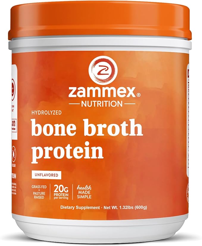 Zammex Pure Grass Fed Beef Bone Broth Protein Powder, 20g Protein, Hydrolyzed Collagen Supplement for Healthy Skin, Nails, Hair, Joints, Non-GMO, Gluten Free, Paleo & Keto Friendly, Great in Soup