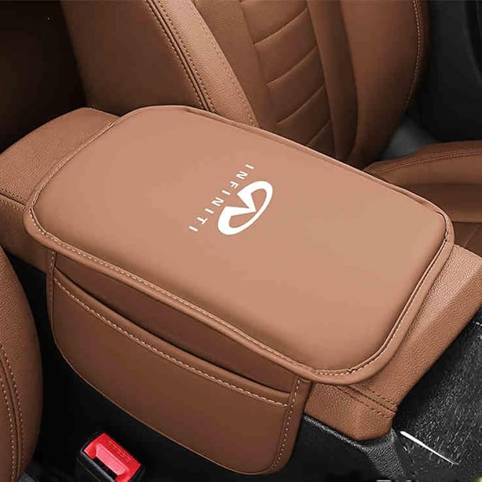 Car Armrest Box Pad for Infiniti QX60/Q50L/QX50/QX55/Q60 Leather Car Armrest Box Cushion Waterproof Center Console Mat Armrest Mat Armrest Cover Accessories,Brown-with Storage Bag