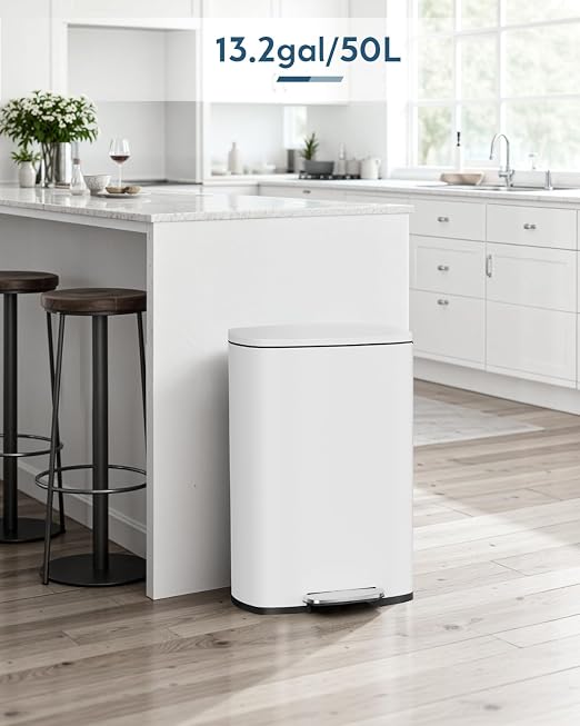 Arlopu 13.2+1.3 Gallon Step Trash Can, Stainless Steel Garbage Bin, Soft-Close Rubbish Bin with Removable Plastic Inner Bucket, Fingerprint-Proof, Lid Dustbin, for Kitchen Home (White)