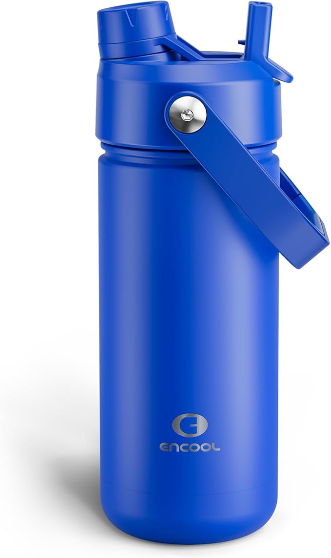 ENCOOL Insulated Water Bottle with Straw Stainless Steel Water Bottle, Leak-Proof, BPA-Free, Double Wall Vacuum Keeps Cold for 24 Hours for Sports, Travel, School (18 oz, Royal Blue)