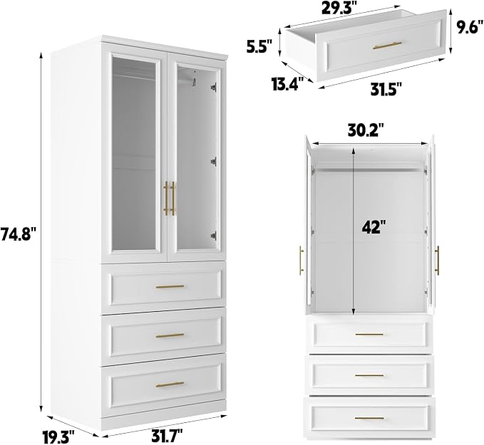FUFU&GAGA Wardrobe Closet with Glass Doors, 3 Drawers, Modern White Bedroom Armoire with Gold Handles, Modern Clothes Storage Cabinet with Shelf, Hanging Rod, 31.7”W x 19.3”D x 74.8”H