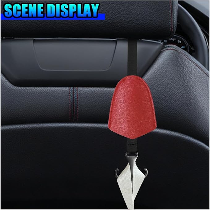 2PCS Car Seat Hooks for Headrest, Leather Car Seat Back Storage Hanger with Double Hooks, Universal Hidden Auto Organization Accessories for Purses, Bags, Umbrellas, Handbags (Red)