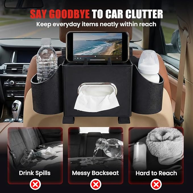 4-In-1 Car Organizer Back Seat, 2026 New Multifunctional Organizer, Portable Car Cup Holder for Road Trips, Durable Car Trash Bin for Families, Universal Car Seat Organizer (Brown)