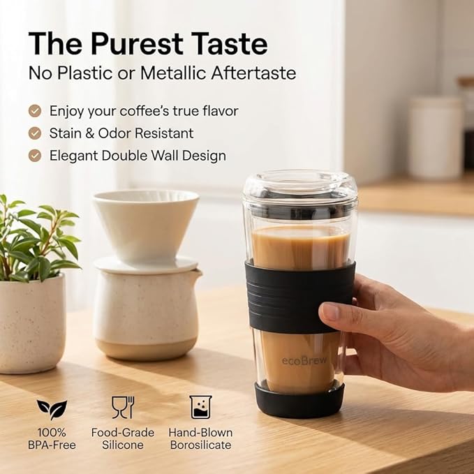 16oz Double Wall All Glass Tumbler with Lid, Glass Travel Mug, Dishwasher Safe & Microwavable Clear Coffee Tumbler To Go, Reusable Ceramic Cup with Lid, Black