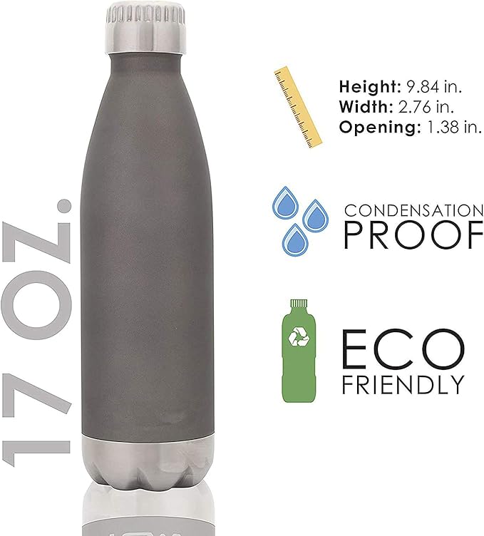Sweat-free Stainless Steel Reusable Water Bottle (17 oz) Vacuum Insulated Copper Lined Double-Wall | Keeps Liquids Cold for 24 hrs, Hot for 16 hrs | Eco-friendly, Portable, Leakproof (Graphite)