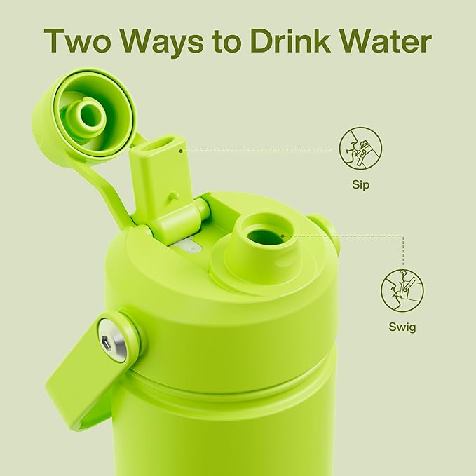 Kids Insulated Water Bottle with Straw - 12oz Stainless Steel Water Bottle with Dual Spouts, Leak-Proof, BPA-Free, Double Wall Vacuum Keeps Cold for 24 Hours for Sports, Travel, School (Sharp Green)