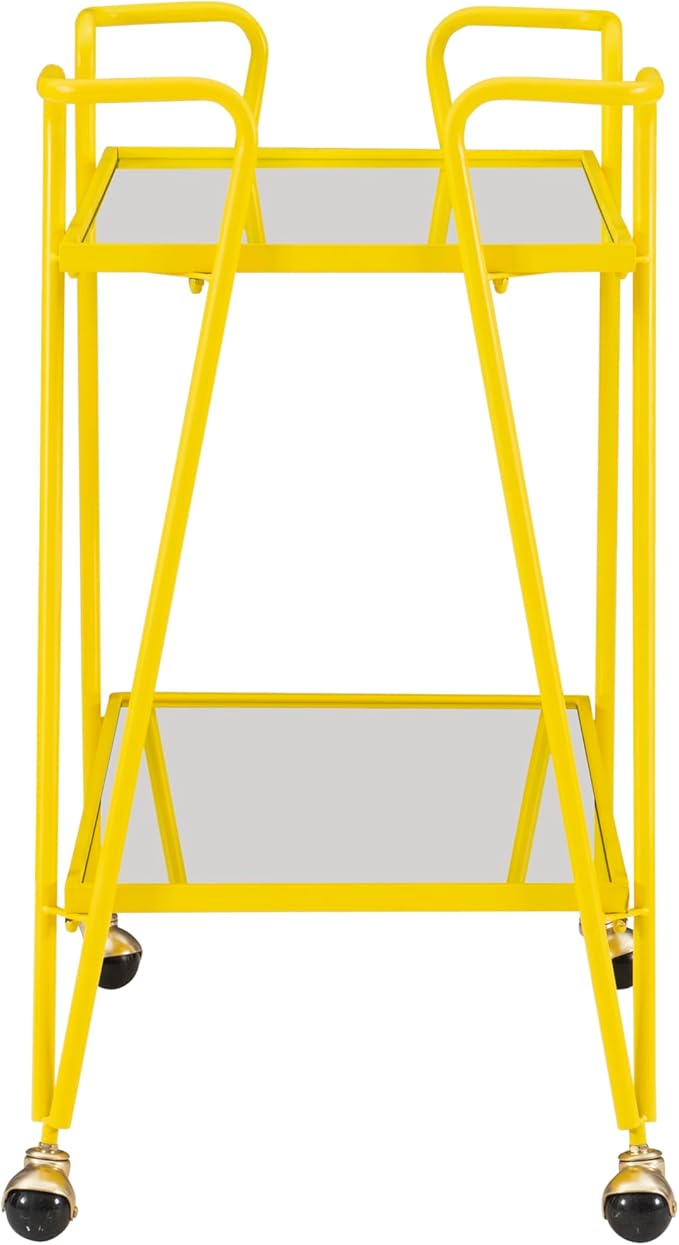 Gina Yellow Mid Century Bar Cart with Mirrored Shelves by Linon