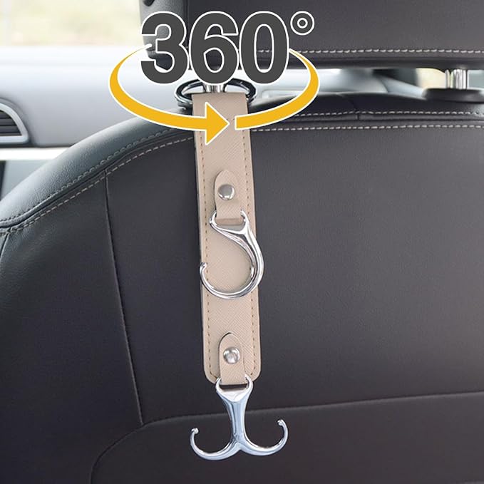 Car Seat Headrest Hook, 2PCS 3 in 1 Leather Vehicle Seat Back Hanger Holder for Grocery Purse Cloth Handbag, Automotive Backseat Storage Organizer, Universal for Truck SUV Sedan (Khaki)