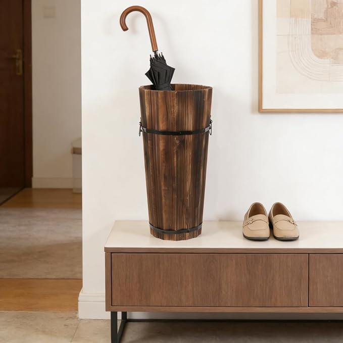 PRETYZOOM Wooden Umbrella Stand Garden Umbrella Base for Outdoor Patio Entryway Modern Design Carbonized Wood Canes