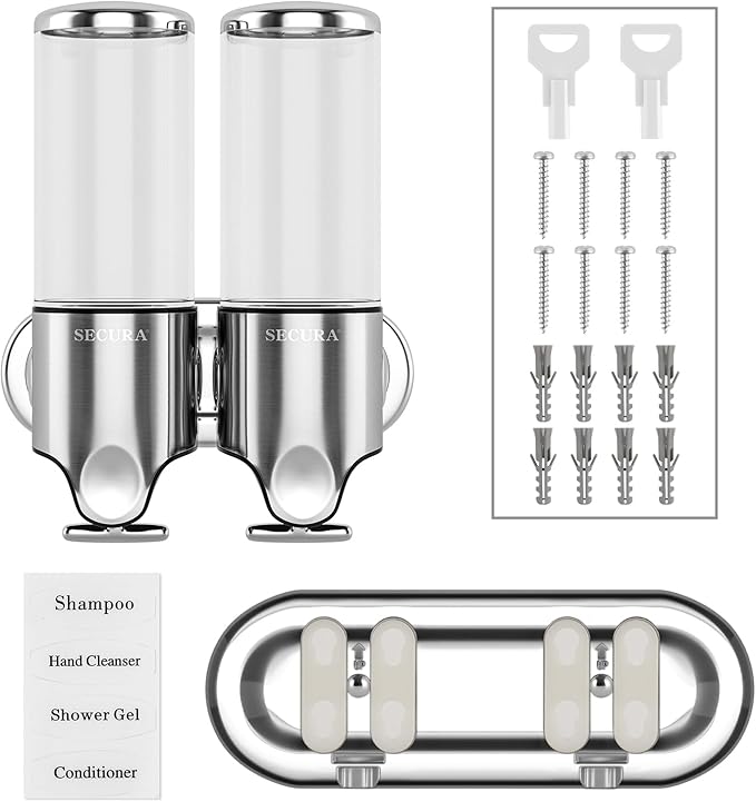 Secura Double Wall Mounted Soap Dispenser, 2 x 17 fl oz Shampoo and Soap Dispensers Perfect for Home & Kitchen (Stainless Steel)