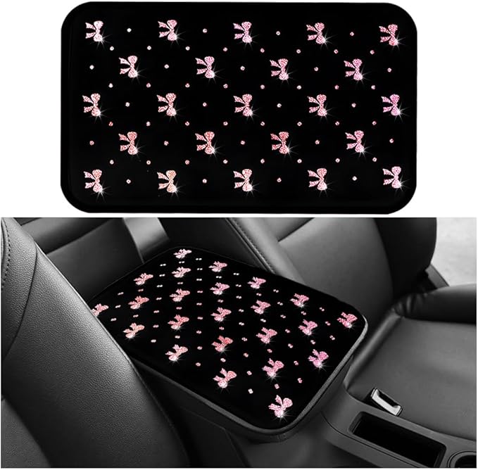 Car Center Console Cover, Waterproof Leather Bow Ribbon Vehicle Arm Rest Pad, Comfortable Automotive Interior Seat Box Armrest Protection Cushion Accessories, Universal Fit (Pink)