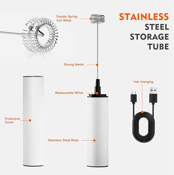 Electric Milk Frother Handheld Rechargeable with Cover-Coffee Frother Wand, Drink Mixer Handheld with 2 Detachable Stainless Whisks 2 Speed Adjustable for Latte, Cappuccino, Matcha, Egg (White)