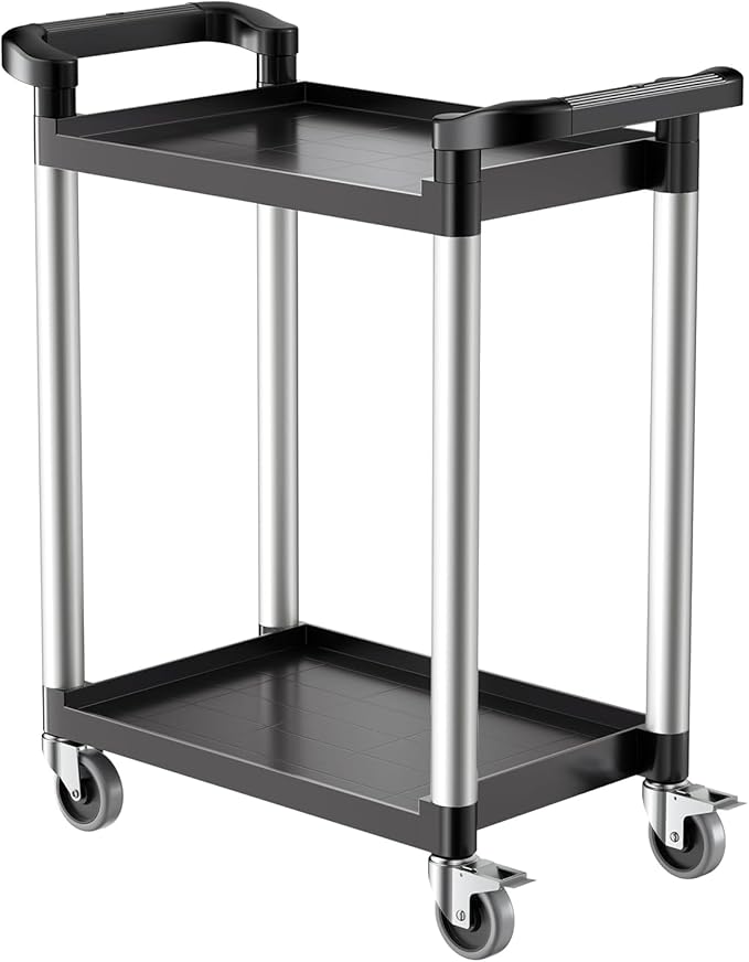 VEVOR Utility Cart, 300 lbs Load Capacity, 2-Tier Utility Plastic Cart with 360° Swivel Wheels (2 with Brakes), 24.4 x 16.1-inch Food Service Cart for Warehouse, Office, Home, Restaurant, Kitchen