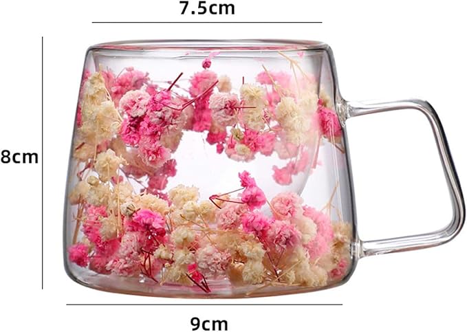 Generic Double Wall Insulated Glass Cup,Dried Flower Mug with Handle,Creative Transparent Coffee Cups,Gift for Women Mom Female (White)