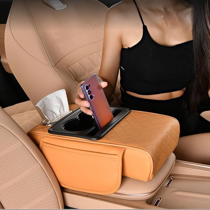 Car Center Console Armrest Pad for Nissan Kicks 2018–2025 2026 P16,Pu Leather Heightening Cushion with Cup Holder and Tissue Box,Multifunctional Organizer Accessories,Brown