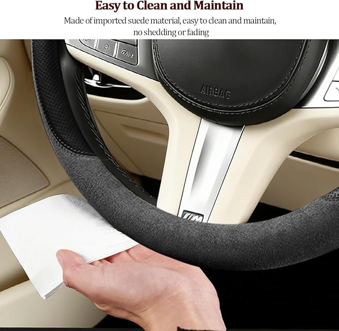 HZEL Car Steering Wheel Cover, Non-Slip Suede Leather Breathable Vehicle Steering Wheel Protector with Inner Ring, Automotive Interior Protective Accessories, Universal Fit (Carbon Black)