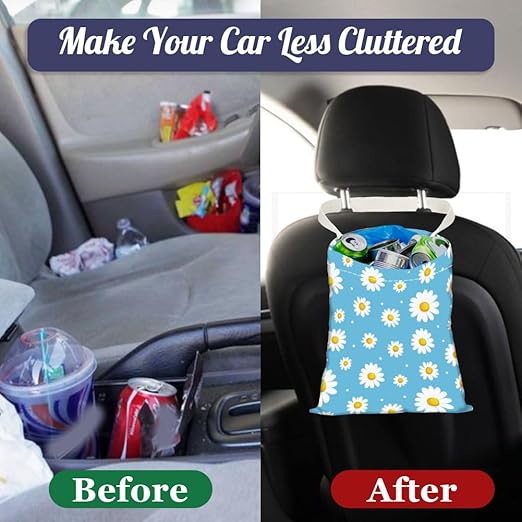 2PCS Daisy Sunflower Print Car Trash Bag Portable Waterproof Hanging Garbage Bag with Snap Buttons Back Seat Reusable Rubbish Storage Dustbin for Car Interior Accessories Kitchen Home Travel