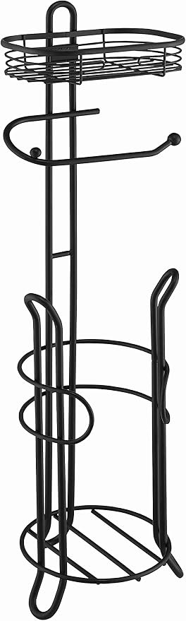 SunnyPoint Bathroom Heavyweight Toilet Tissue Paper Roll Storage Holder Stand with Reserve and Shelve, The Reserve Area Has Enough Space to Store Mega Rolls. (Black)